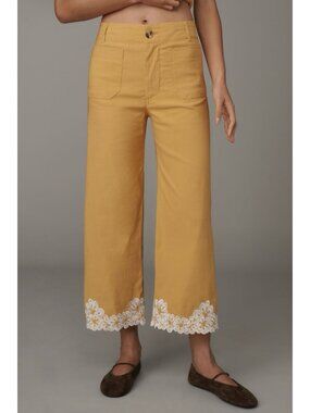 Anthropologie Colette Embroidered Crop Wide-Leg Pants by Maeve Womens 25 Yellow